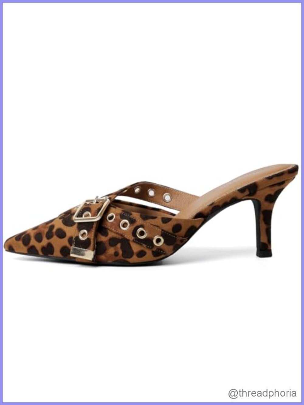 Women's Leopard Print Kitten Heels Pointed Toe Faux Leather Mules Slip On Pumps